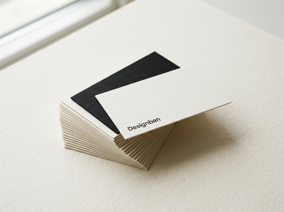 두꺼운 종이에 인쇄된 Designban 명함 묶음. 흰색 명함과 검은색 명함이 쌓인 명함 위에 비스듬히 놓여 있습니다.